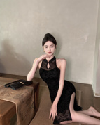 旗袍小黑裙复古中国风夏季无袖中长款气质名媛蕾丝性感连衣裙