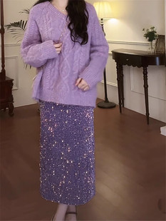 2023冬香芋紫亮片中长裙裙子女时尚显瘦松紧腰高腰半身裙潮流直筒