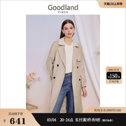 Goodland美地女装2023秋季长裤西装领双层翻领银灰色风衣外套
