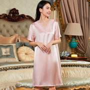 杭州丝绸100%桑蚕丝宽松v领性感蕾丝睡裙，真丝夏季短袖高档家居服