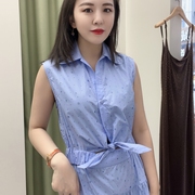 深圳南油高端女装，2024春夏女装钻饰无袖系带，天蓝色长款连衣裙