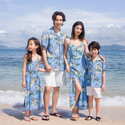 沙滩亲子装海边度假全家装蓝色椰树母女装吊带连衣裙短袖衬衫套装