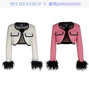 姜穹JIANG QIONG鸵鸟毛饰袖丝绒撞边玫瑰外套CHENSHOP设计师品牌