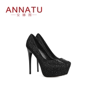 安娜图13cm真皮水钻模特超高跟鞋，细跟防水台走秀鞋尖头黑色女单鞋