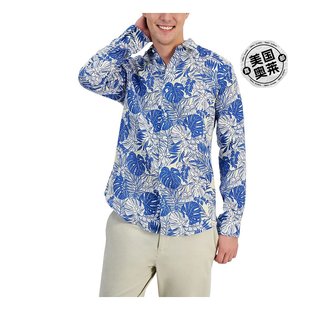 clubroom男式亚麻热带印花纽扣，衬衫-蓝色，组合美国奥莱直