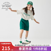 日本livheart儿童字母，印花t恤套装，女大童短袖上衣短裤运动两件套