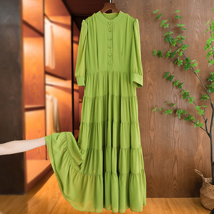 高级绿色大摆层叠蛋糕裙高腰连衣裙收腰显瘦度假风长裙飘逸垂顺