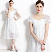 法式长裙公主裙夏季白色方领刺绣甜美雪纺连衣裙