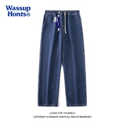 WASSUP美式复古牛仔裤男女做旧水洗直筒长裤子潮牌百搭情侣阔腿裤