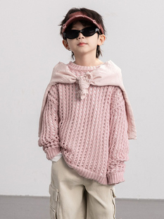 男童毛衣儿童2024韩版纯色镂空针织衫男孩个性时髦宽松毛线衣