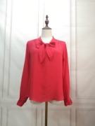 米国 客供百分百纯真丝 桃红色木耳边袖飘带设计感衬衫上衣