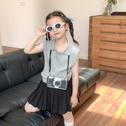 艾摩贝贝中小大女童韩版纯色无袖，背心上衣儿童时尚针织翻领polo衫