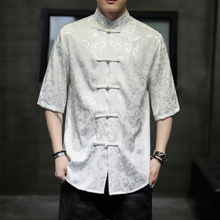 中国风冰丝短袖衬衫男士中式唐装，衬衣禅茶复古风汉服盘扣立领上衣