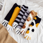 猫爪袜子女秋冬季珊瑚绒家居，加厚地板袜产后毛巾，月子袜毛绒睡眠袜