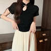 新中式纯棉短袖t恤女夏季显瘦小众设计感镂空上衣国风小衫ins