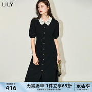 LILY2024春女装气质通勤款复古泡泡袖长款针织连衣裙小黑裙女