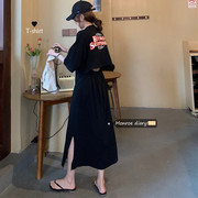 棉质连衣裙女后背镂空显瘦高腰夏季韩版跨境短袖学生开叉长裙