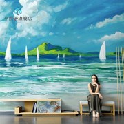 北欧抽象油画风景海景，帆船唯美客厅电视背景墙纸，无缝沙发壁纸壁画