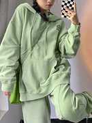 盐系炸街运动服套装女2023秋季宽松设计感绿色连帽卫衣两件套