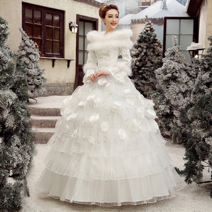 秋冬季婚纱礼服2023新娘结婚白色一字肩齐地长袖加厚保暖冬天