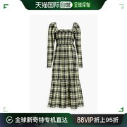 香港直邮潮奢ganni甘尼，女士抽褶格纹棉混纺绉条纹中长连衣裙