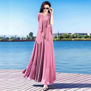 粉色雪纺连衣裙女夏套装裙2023流行气质修身显瘦长裙开衫两件套