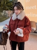 大毛领红色短款派克服女2023冬季加绒加厚棉衣小个子工装棉服