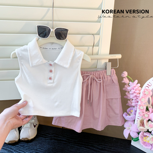 女童韩版夏款套装2024网红儿童洋气POLO领无袖背心短裙两件套