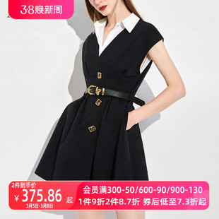 AUI黑色设计感假两件衬衫连衣裙女2023夏职业通勤修身中长裙