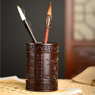 今轩堂黑檀木雕麒麟笔筒工艺品办公室书桌家居客厅木质笔筒摆件送