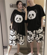 韩版短袖短裤情侣睡衣夏天薄款纯棉，熊猫宽松大码200斤家居服套装