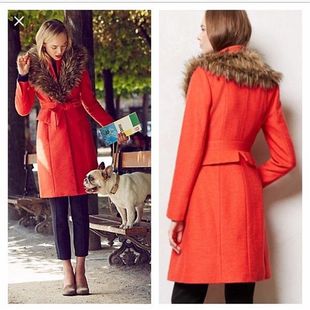 秋冬款小众设计橘红色系，羊毛混纺大毛领修身长袖毛呢外套大衣