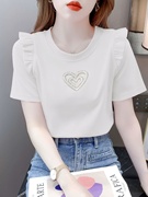 韩国纯棉短袖t恤女夏季2024修身荷叶边爱心烫钻体恤白色短款上衣