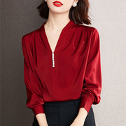 红色衬衫女秋装，2023年女时尚长袖v领职业装雪纺衬衣