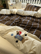 卡通蓝条纹纯棉毛巾，绣腊肠狗四件套1.5m1.8宿舍，公寓全棉床单被套