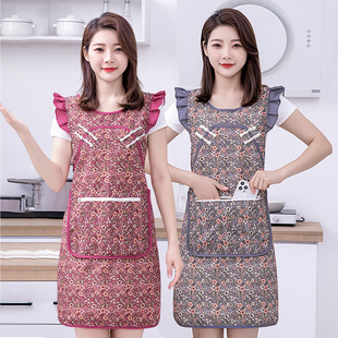 复古中国风时尚优雅盘扣棉布围裙，家用厨房做饭洋气，旗袍式女士围腰