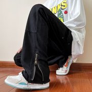 CODE黑色牛仔裤男春秋季美式高街设计感拉链宽松潮流直筒休闲裤子