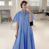 韩国chic夏季法式复古翻领撞色条纹宽松休闲短袖衬衫式连衣裙女