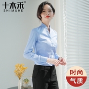 长袖蓝色衬衫女士春秋季棉V领上衣气质售楼部经理职业正装工作服