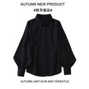 秋冬季法式复古黑色衬衫女灯笼，袖设计感小众翻领长袖衬衣潮