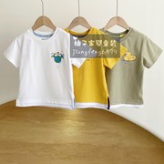 110-160码韩版童装夏款男女童，卡通插画圆领假两件短袖，t恤纯色打底
