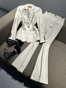 VANLU 腔调时髦 优雅灰色系 抽褶收腰休闲长袖西装+微喇叭裤套装
