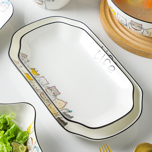 鱼盘蒸鱼盘子卡通，菜盘家用陶瓷大号动漫，长方形餐具托盘碟子