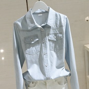 浅蓝色牛仔衬衫女叠穿2023秋季韩版内搭设计感小众长袖上衣潮