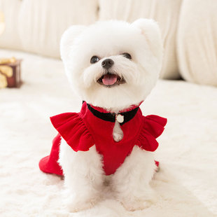 宠物狗狗复古红色小飞袖连衣裙秋天冬天衣服比熊泰迪博美小型幼犬