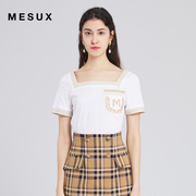 MESUX米岫女装夏季女装高支精梳棉海军风方领金葱条纹T恤MJMUB317