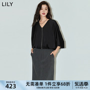 lily2024夏女装(夏女装)时尚休闲机车，风个性宽松垂感v领黑色短外套女