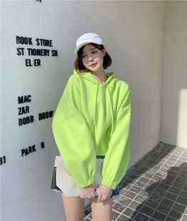 韩国2024春秋季小个子外套连帽短款卫衣女加绒荧光绿上衣小众
