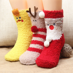 儿童珊瑚绒圣诞袜子纯棉，秋冬天加厚男女童袜宝宝，中长筒睡眠地板袜