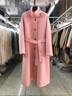 粉色立领双面羊绒，大衣女中长款韩版秋冬宽松a腰带单排扣外套